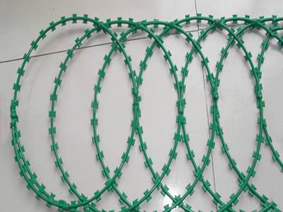 A roll of PVC coating flat razor wire is opened on the ground.
