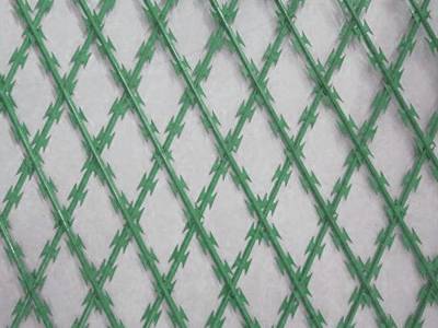 A green color straight razor wire on the gray background.