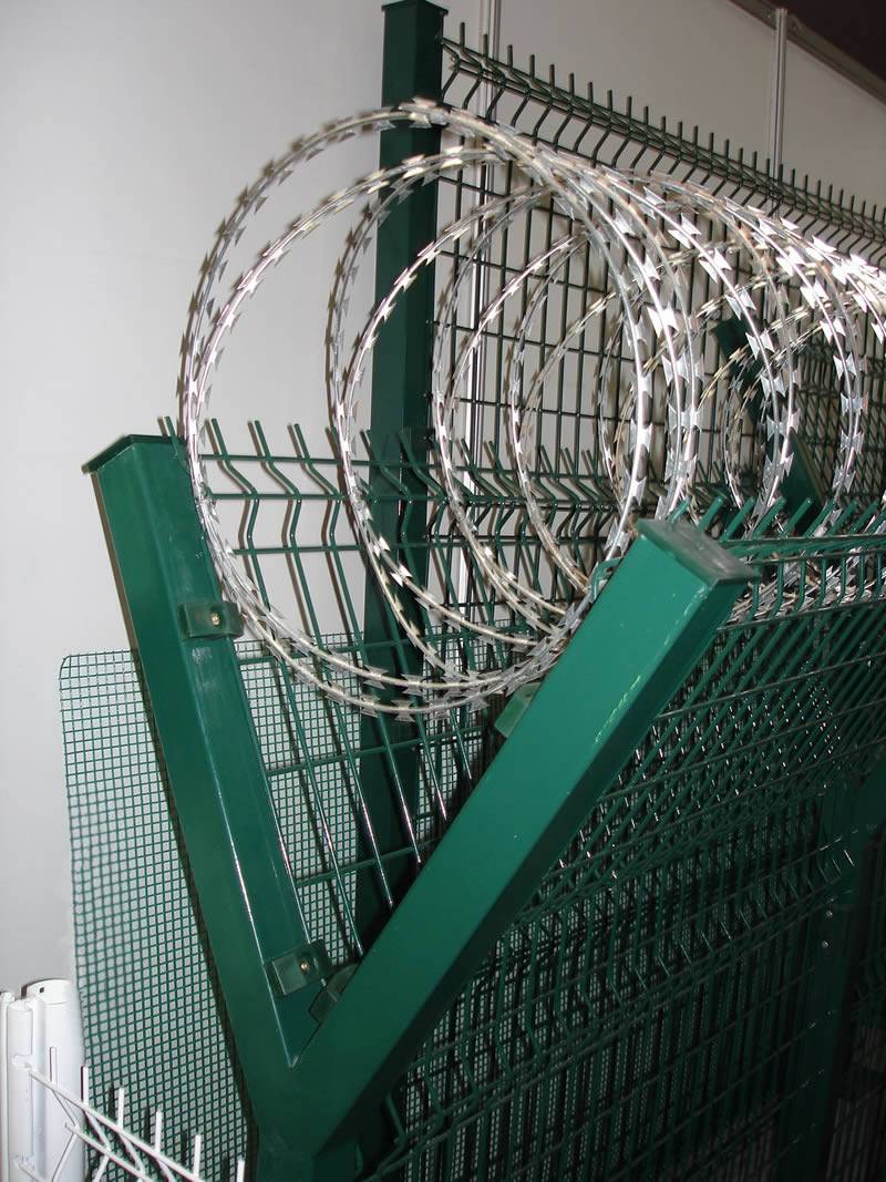 Security fence with hot dipped galvanized concertina razor on the top of green welded mesh with Y post.