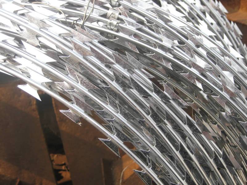 Galvanized concertina razor wire with sharp point.
