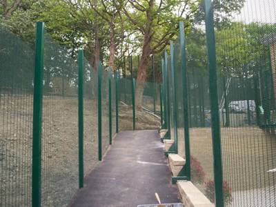 Green 358 security fencing protects grass lands on both sides of the road.