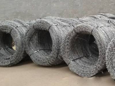 Several rolls of concertina barbed wire in the yard.