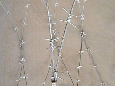 A roll of concertina barbed wire on the ground with a detail of connection joint and clip.