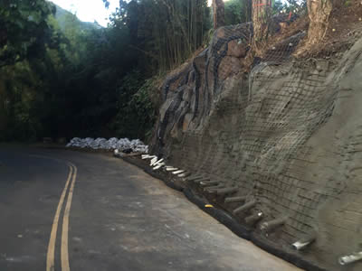 Welded wire mesh and concrete have been fixed on the slope.