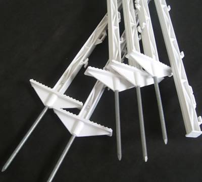 Six white color PP electric fencing post with double steps on the black background.