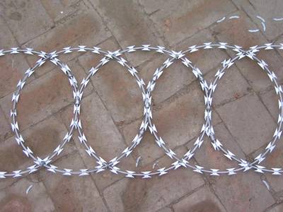 A welded type flat razor wire on the ground.