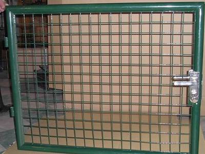 A welded wire gate made from welded wire panel welded to round tube frame