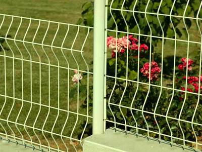 White welded wire mesh panels are installed in the garden and several flower in the garden.