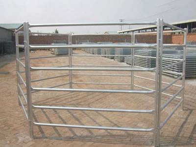Several corral panels are installed in the yard with round rails.