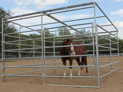 A horse in the area which is enclosed by the round rail corral panels.