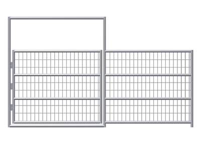 A drawing of four-rail all welded frame horse fence with a single leaf gate.