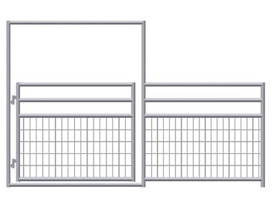 A drawing of four-rail half welded frame horse fence with a single leaf gate.