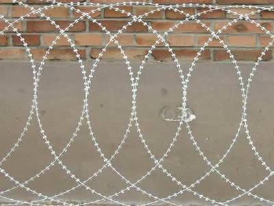 A piece of flat warp type razor wire is lying on the wall.