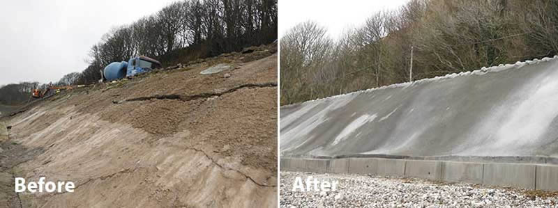 A comparison of mountain before and after shotcrete.