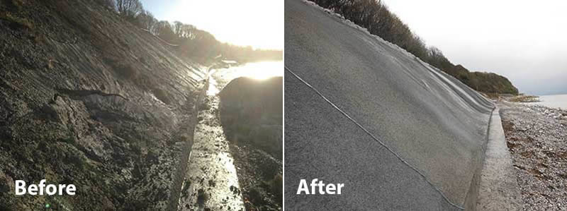This is a picture shows the surface condition of slope before and after shotcrete.