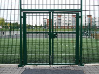 A double panel gate installed for welded wire sport fencing