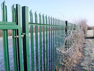 Three pointed corrugated pale palisade fences are installed in the yard with square post.