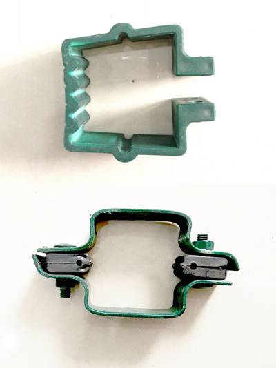 A plastic clamp and a metal clamp is places on the white background.