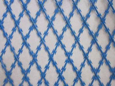 A blue color straight razor wire lying on the wall.