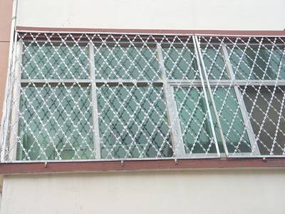 Straight razor wire fences are installed out of window.