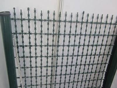 A piece of green color straight razor wire fence is raised by the peach posts.