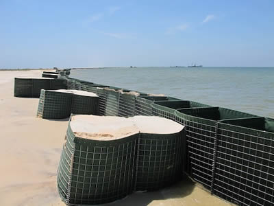 Several welded gabions are installed along the coastal.