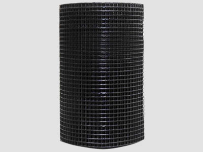 A roll of black color welded wire mesh on the gray background.