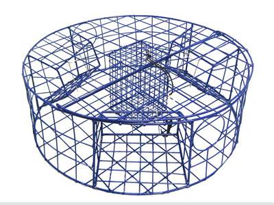 A blue color circular welded mesh crab trap on the white background.