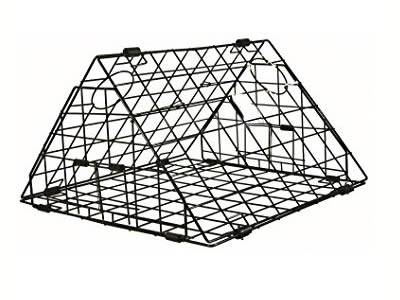 A triangle welded mesh crab trap on the white background.