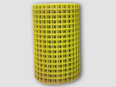 A roll of yellow color welded wire mesh on the gray background.