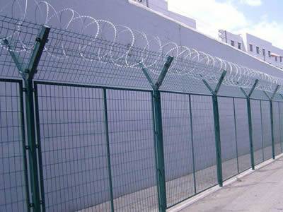 Several welded razor wire are installed outside of the prison wall.